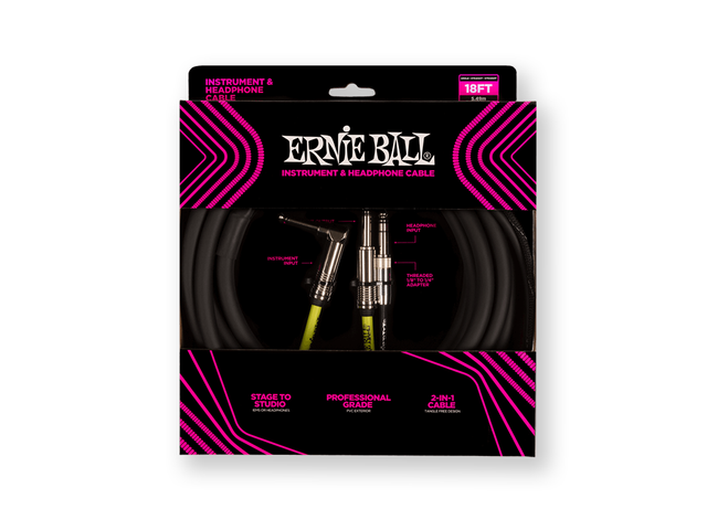 Ernie Ball 6411 — Cable Ernie Ball 5.4864 Mts., Negro (Recto/Angulado/Recto)