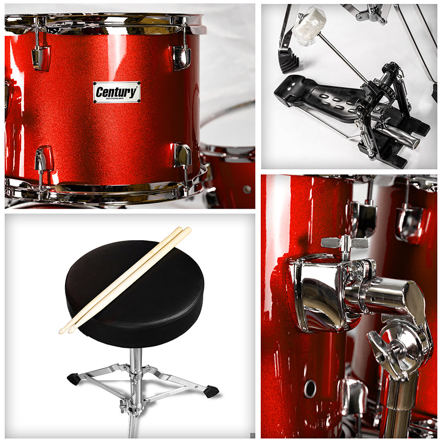 Bateria Profesional Rojo Metalico 5 Piezas Aro Color Cromo Century