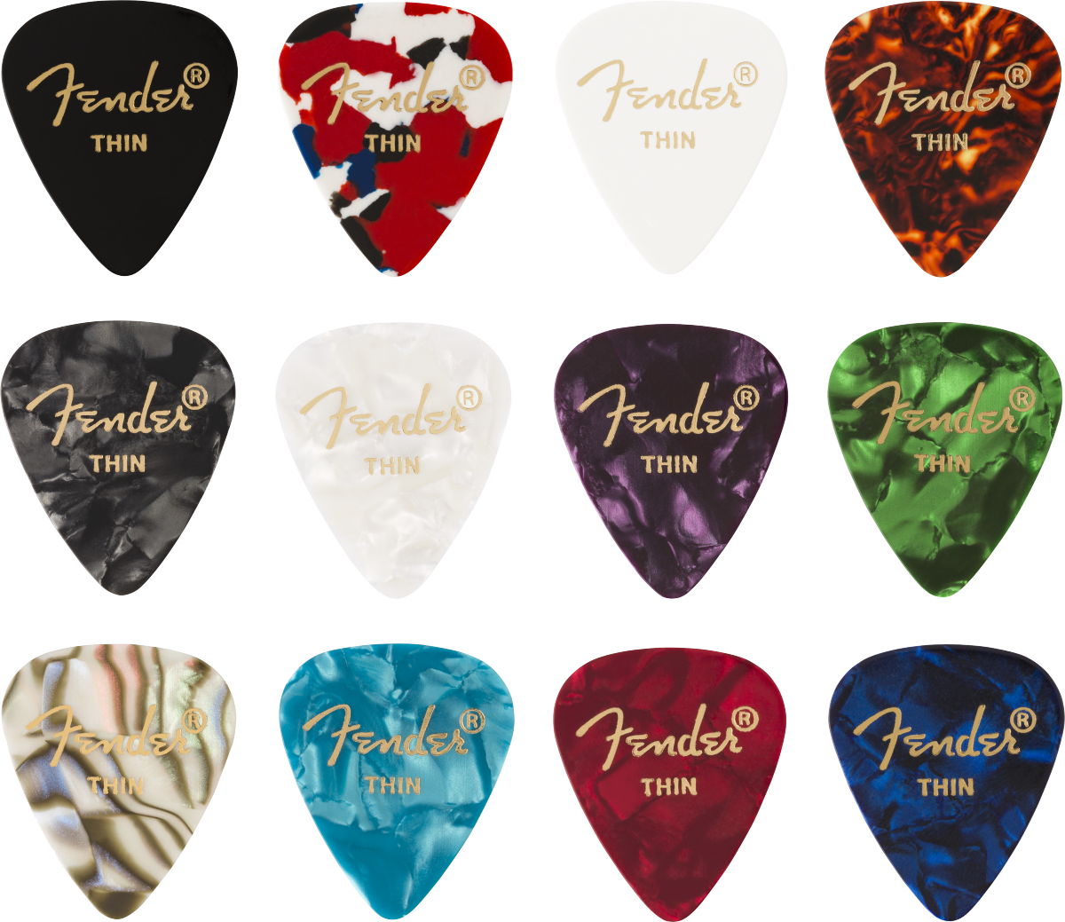 Paquete de Puas Fender Medley de Celuloide de 12 Unidades Thin
