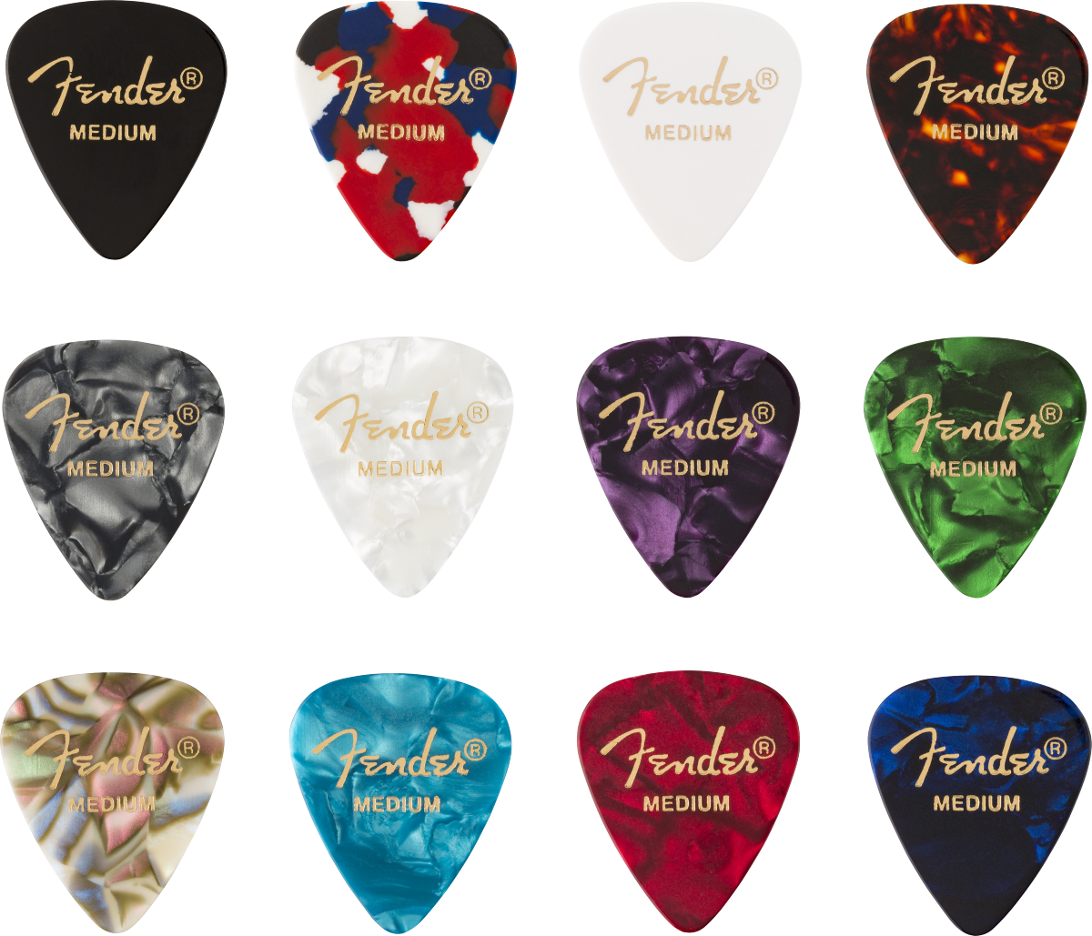 Púas para Guitarra Fender Paquete de 12 Pza Celluloid Medium Colores