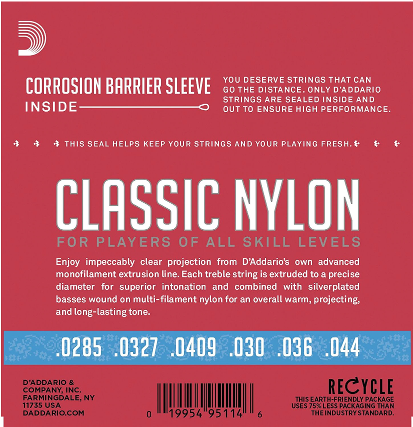 Encordadura D'Addario Guitarra Clásica EJ-27H Nylon Transparente Tensión Alta