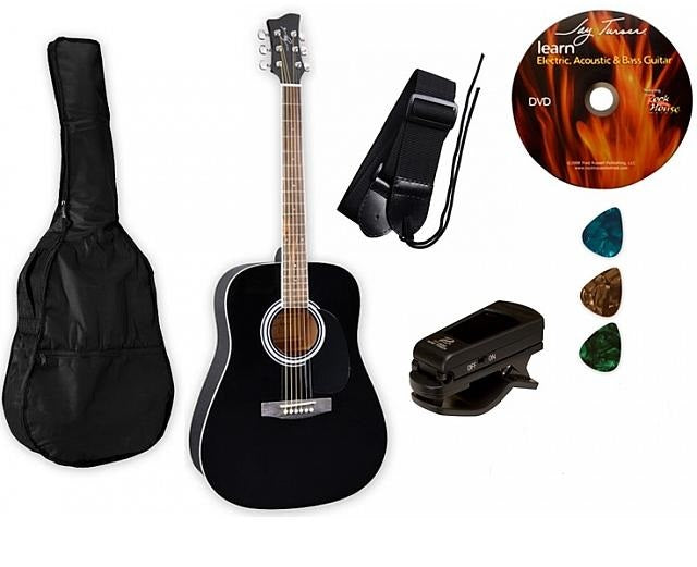 Paquete Guitarra Acústica Jay Turser Negro con Funda, Púas y Afinador