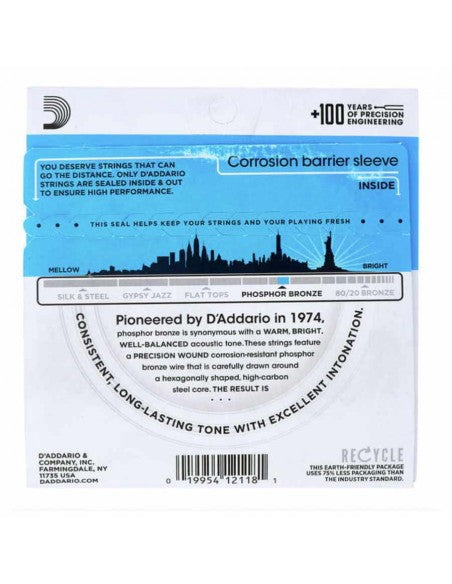 Encordadura D'Addario EJ-38 Guitarra Acústica 12 Cuerdas Fósforo Bronce .010-.047