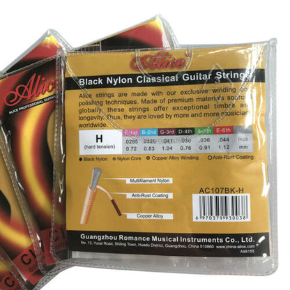 Juego de Cuerdas Alice Guitarra Clásica Nylon Negro Dorado Tensión Alta A107BKH